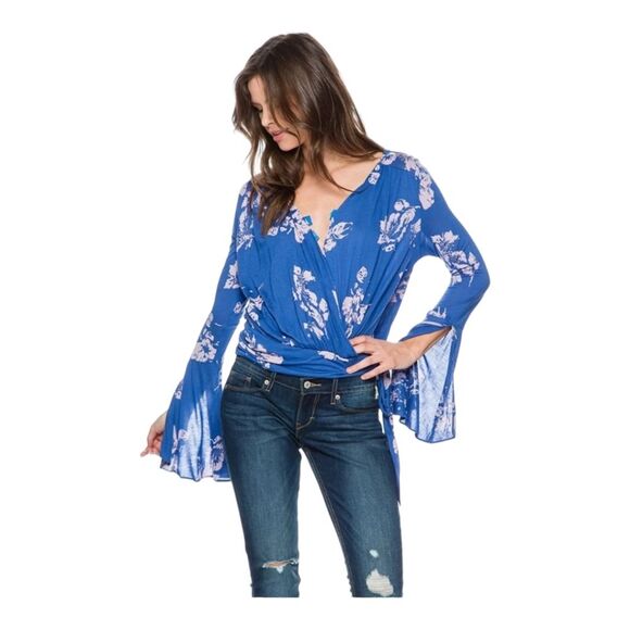 FREE PEOPLE Fiona Wrap Top, Boho, Blue Cobalt, XSmall, Bell Long Sleeves - Picture 1 of 16